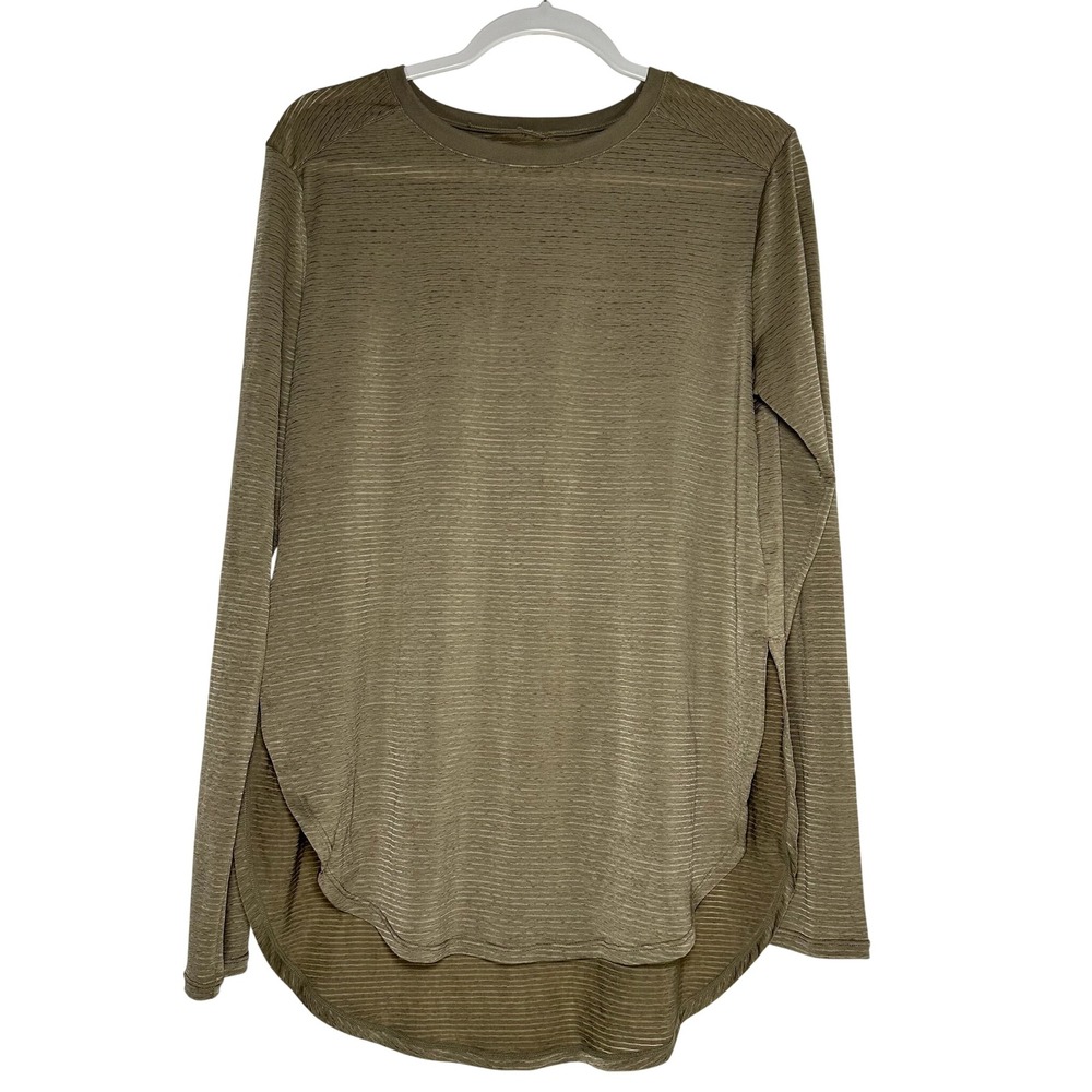 Olive Green‎ Burnout Stripe High-Low Long Sleeve Top Crew Neck Side Slit Relaxed